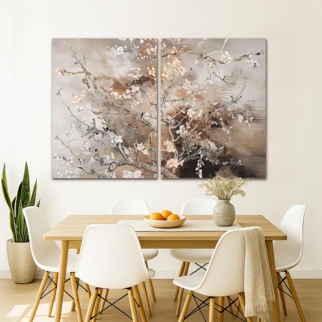 Meerluik schilderij - 2 luiken - Amandelbloesem - Abstract - Beige