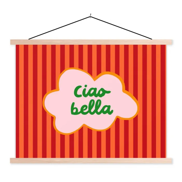Ciao bella - Tekstwolk - Strepen - Oranje textielposter latten blank klein -3d