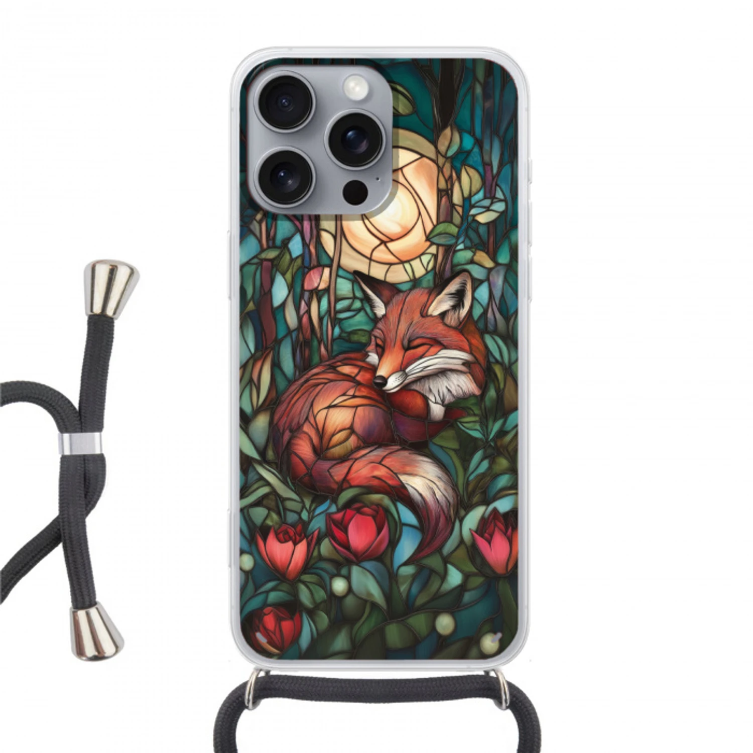 Vos - Mozaïek - Bos - Maan Hoesje iPhone 16 Pro Max met koord klein -3d