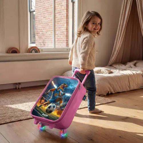 T-Rex als voetballer in vol stadion Kinderkoffer - Roze klein -sfeer1