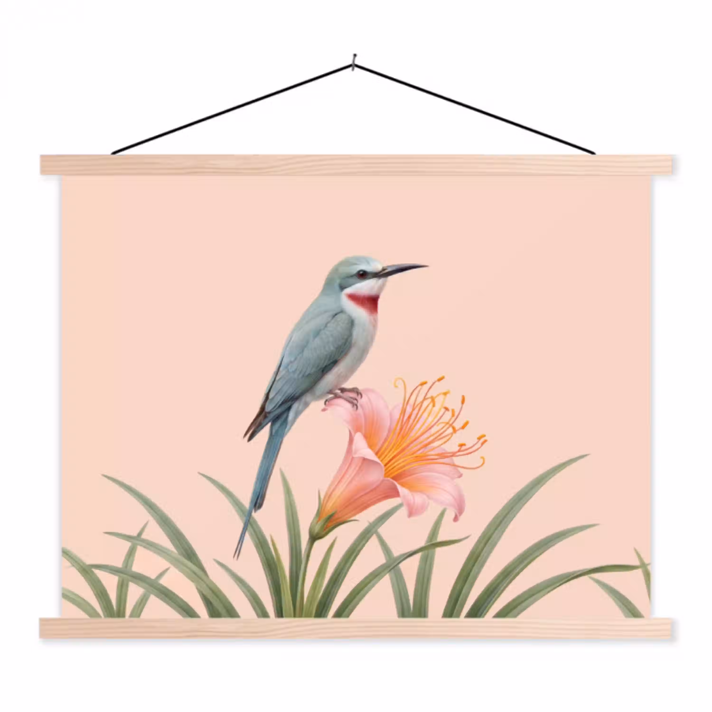 Vogel - Bloem - Natuur - Roze textielposter latten blank klein -3d