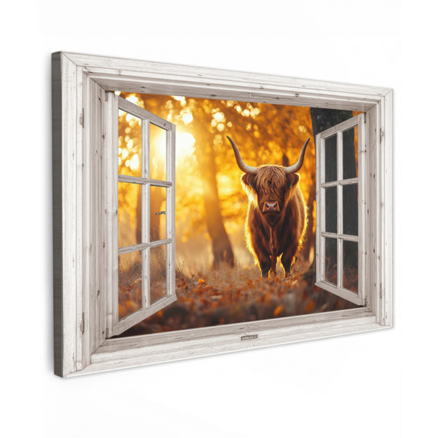 Schotse hooglander - Bos - Herfst - Dieren - Natuur - Bladeren - Doorkijk Tuinposter op houten frame 2 cm dik klein -3d
