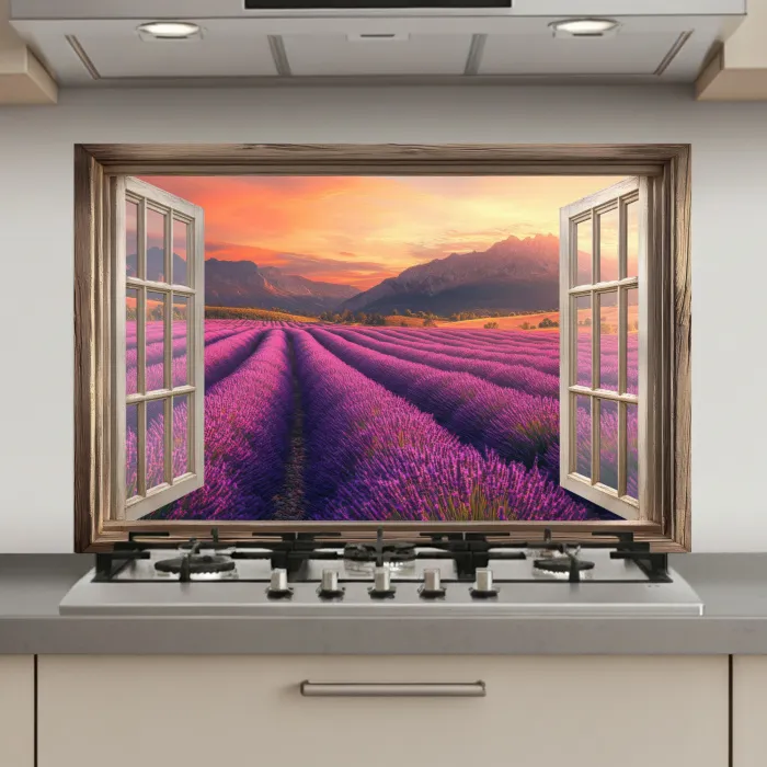 Doorkijk - Lavendel - Landschap - Bloemen - Paars keuken achterwand spatscherm klein -3d_website