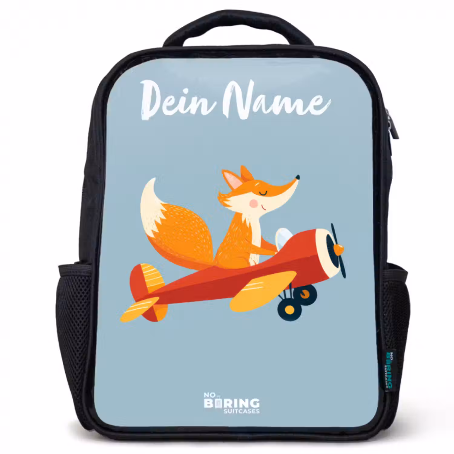 Kinderrucksack mit Namen - Schwarz - Fuchs - Flugzeug - Fliegen