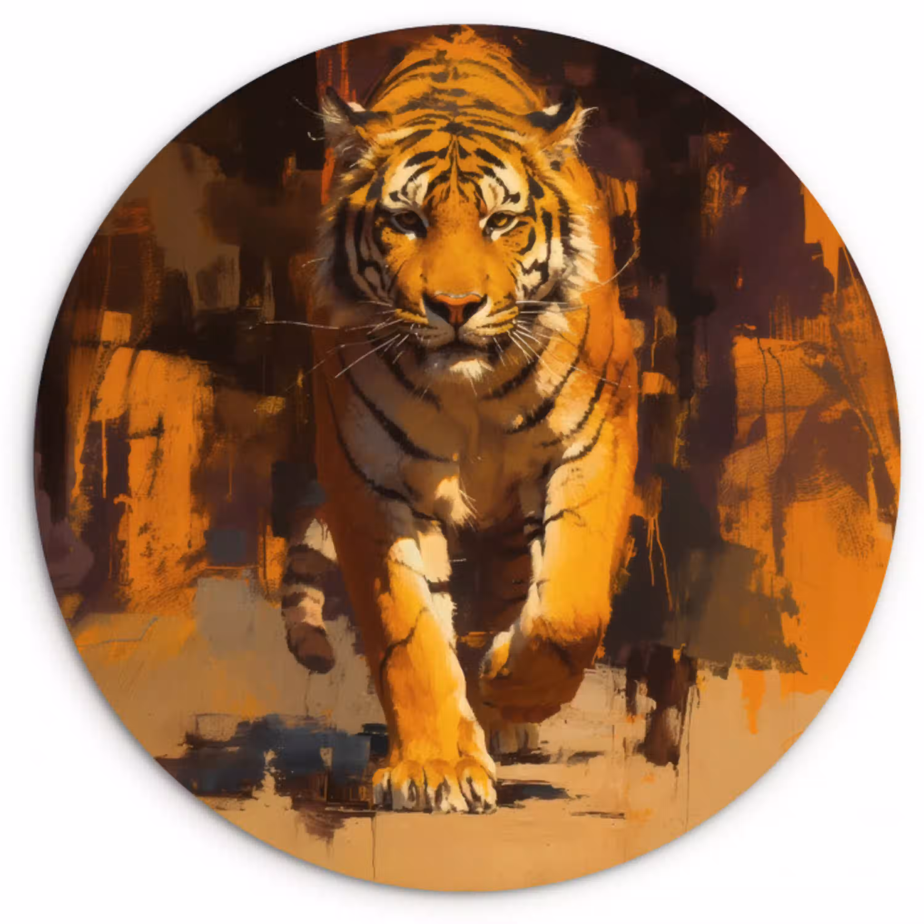 Tijger - Geschilderd - Oranje - Penseelstreken Wandcirkel kunststof plaat 5mm dik klein -3d