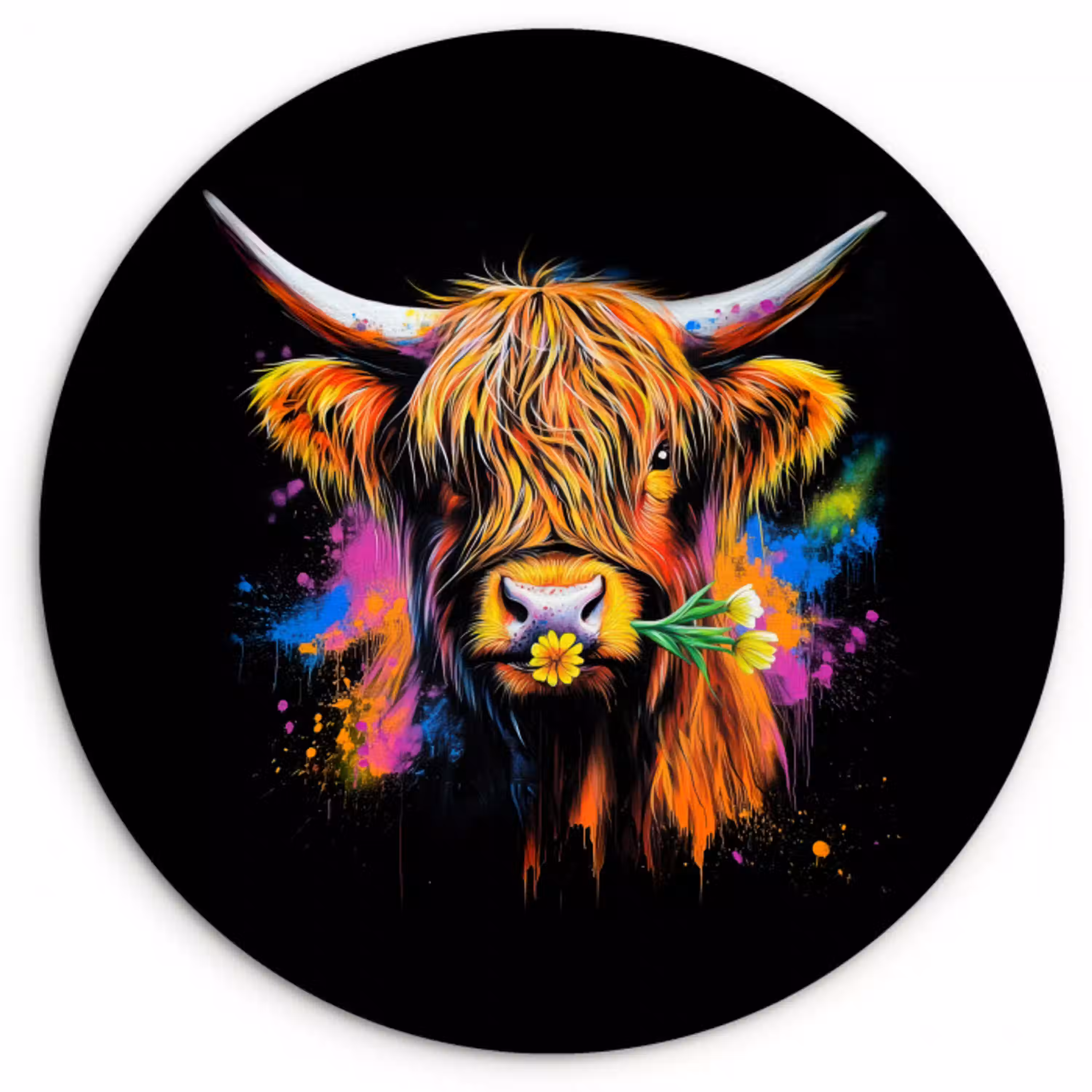 Schotse Hooglander - Graffiti - Kleurrijk - Bloem - Dieren Wandcirkel plexiglas klein -3d
