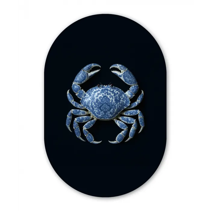 Krab - Delfts blauw - Dieren Wandcirkel Ovaal Glas middel -3d