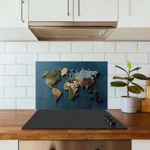 Wereldkaart - Geborduurd - Verschillende tinten keuken achterwand spatscherm klein -sfeer2