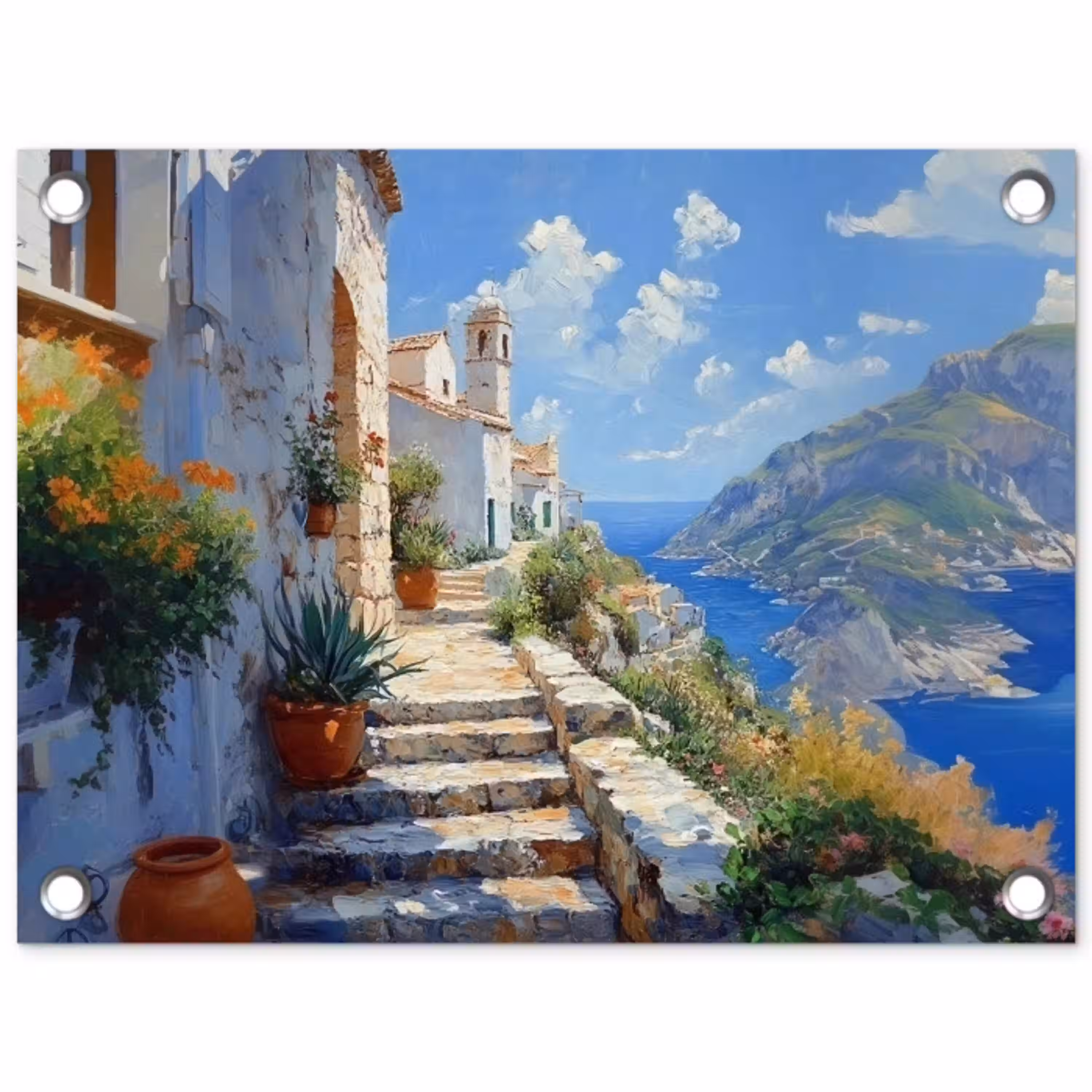 Trap - Huizen - Berglandschap - Zee tuinposter los doek klein -3d
