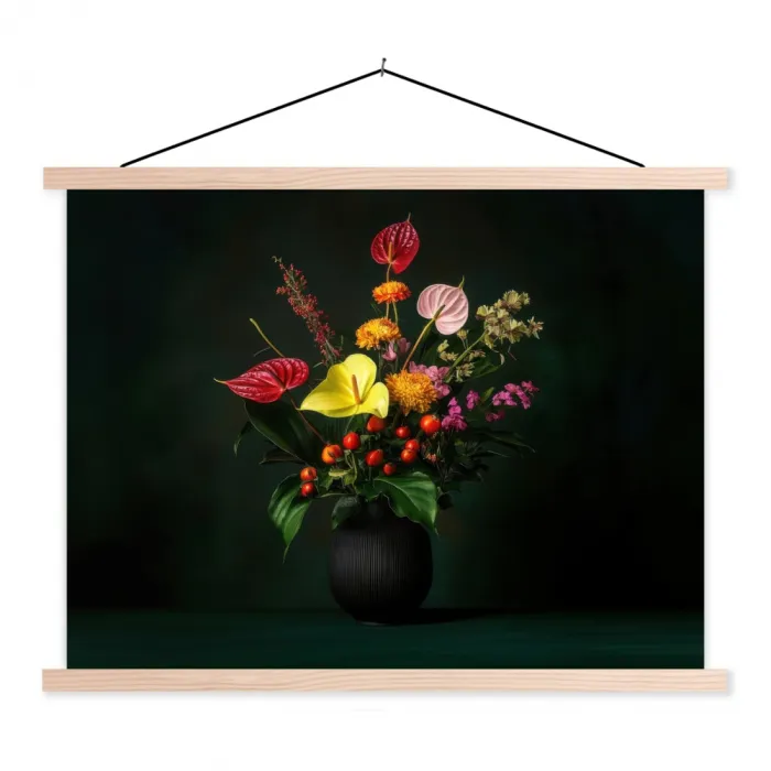 Bloemen - Vaas - Zwart textielposter latten blank klein -3d