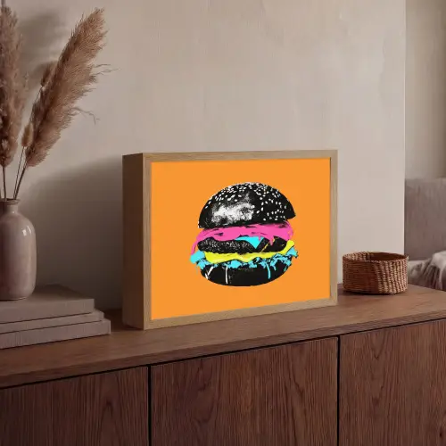 Hamburger - Oranje - Neon - popart Light Box met batterij (Wandlamp) middel -sfeer2