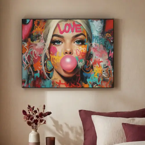 Vrouw - Kauwgom - Graffiti - Love Textielframe zwart klein -sfeer1