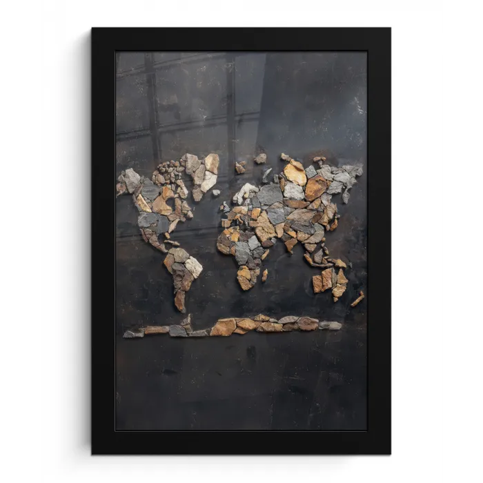 Wereldkaart - Stenen - Realistisch fotolijst zwart zonder passe partout klein -3d