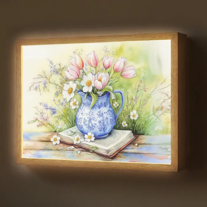 Vaas - Delftsblauw - Madeliefjes Light Box met batterij (Wandlamp) middel -z3d_website