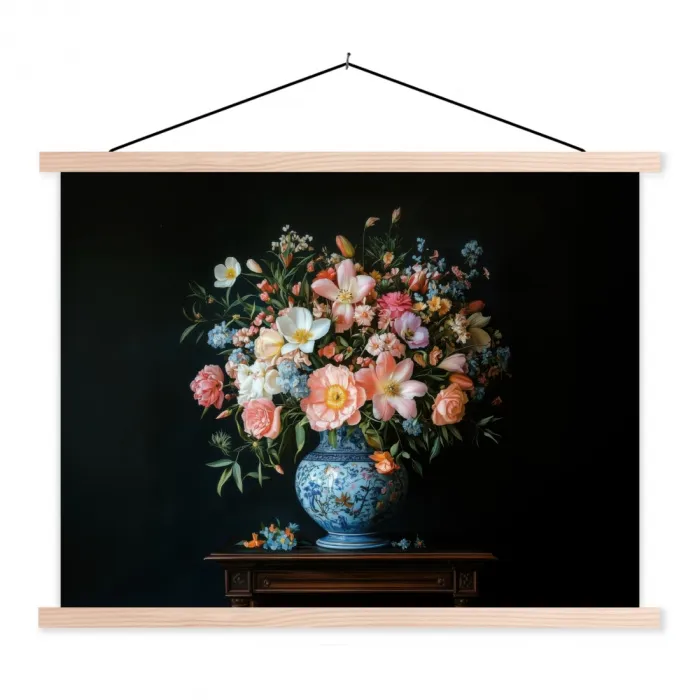 Roze - Bloemen - Vaas - Kleuren textielposter latten blank klein -3d