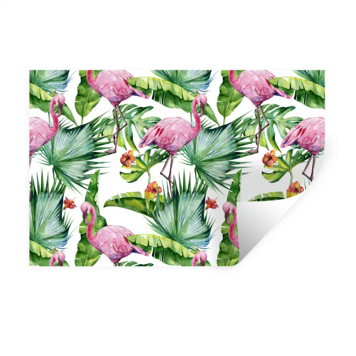 Flamingo - Bloemen - Bladeren - Jungle - Tropical Muursticker klein -3d