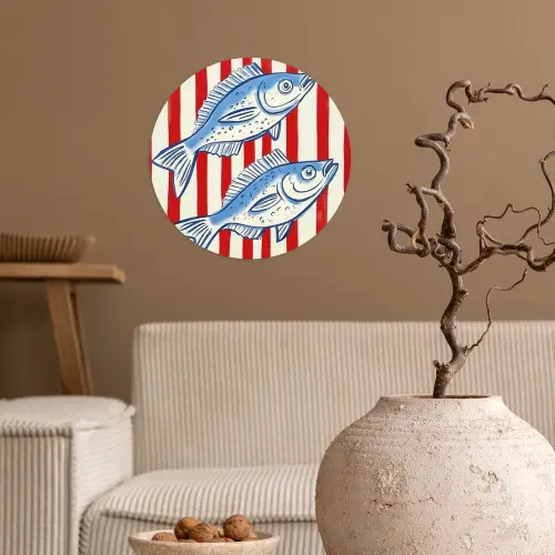 Vissen - Verticale strepen - Blauw - Rood Wandcirkel behangsticker klein -sfeer1