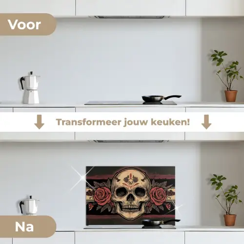 Schedel - Rozen - Gotisch keuken achterwand spatscherm klein -voor_na_NL