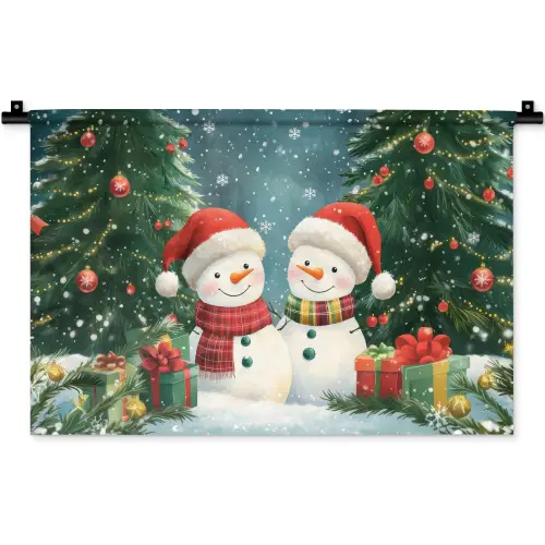Sneeuwpop - Kerstsneeuw - Groen - Rood Wandkleed katoen klein -zz3d