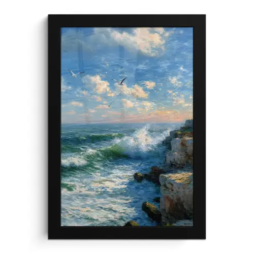 Zee - Golven - Rotsen - Meeuwen fotolijst zwart zonder passe partout klein -3d