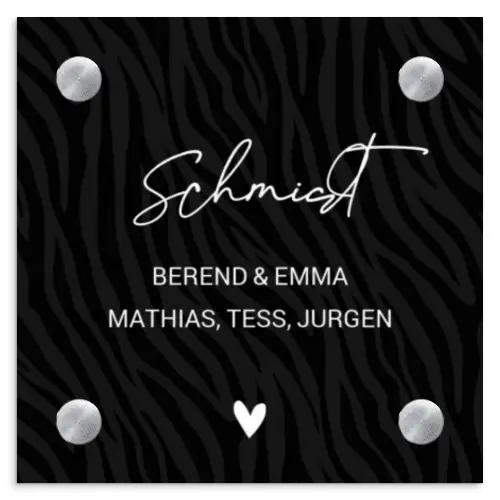 Zwart zebraprint - Sierlijk Naambord Vierkant klein -3d