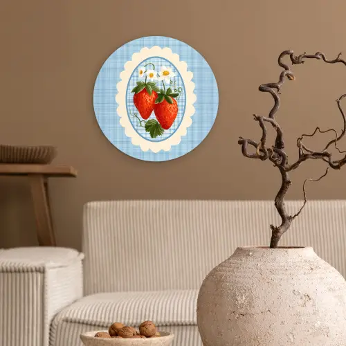 Aardbeien - Lijst - Rood - Geruit Wandcirkel kunststof plaat 5mm dik klein -sfeer1