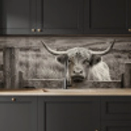 Schotse hooglander - Zwart - Wit - Hout keuken achterwand 2 middel -sfeer1