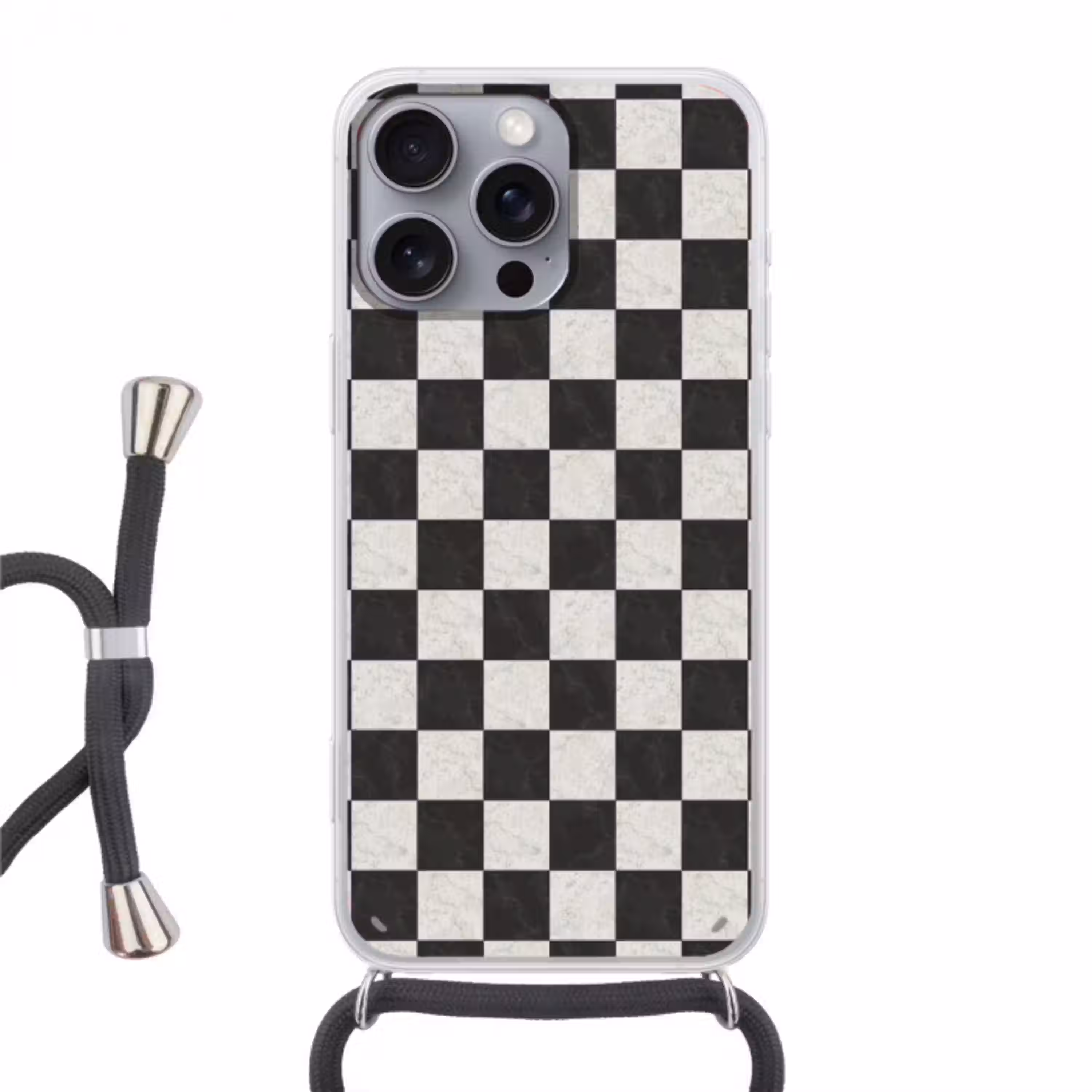 Dambord - Marmer - Zwart - Wit Hoesje iPhone 16 Pro Max met koord klein 804 -3d
