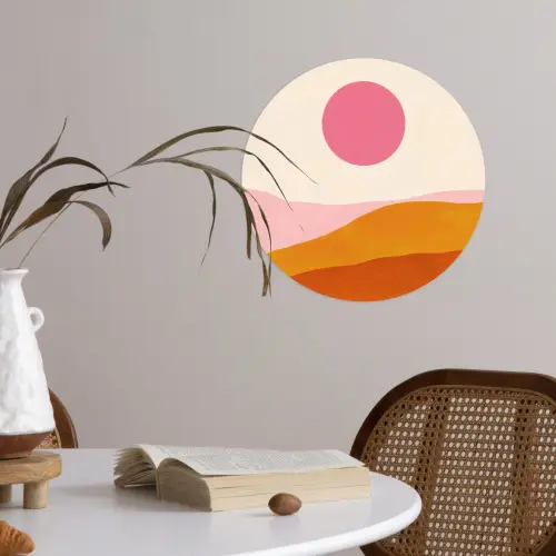 Zon - Heuvels - Abstract - Roze Wandcirkel behangsticker klein -sfeer3
