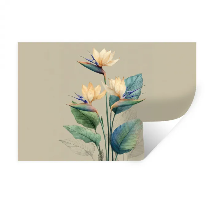 Paradijsvogelbloemen - Blauwgroene bladeren - Beige Muursticker klein -3d
