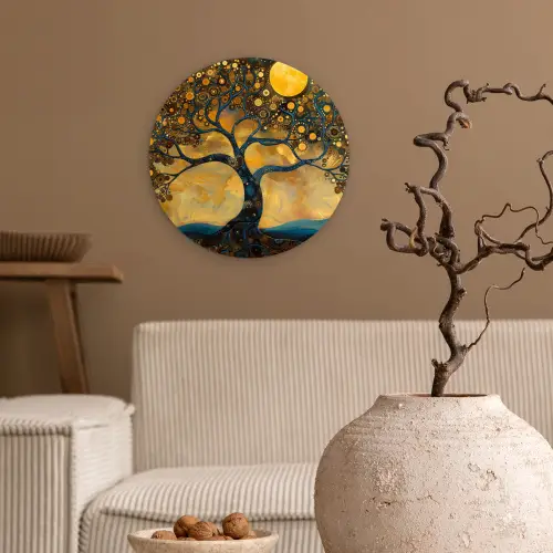Boom - Maan - Bloemen - Goud - Kunst Wandcirkel kunststof plaat 5mm dik klein -sfeer1
