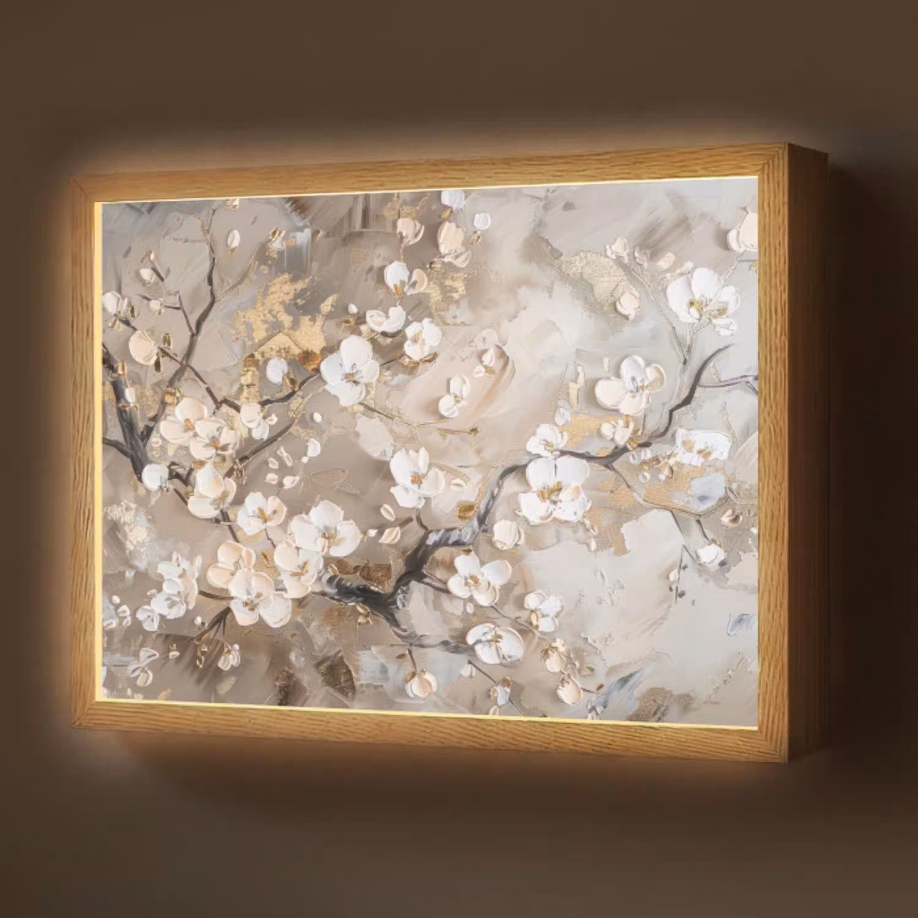 Bloemen - Wit - Goud - Beige  - Luxe Light Box met batterij (Wandlamp) middel -z3d_website