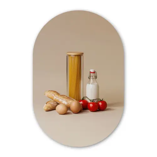 Spaghetti - Melk - Tomaten - Eieren - Brood Wandcirkel Ovaal Forex klein -3d