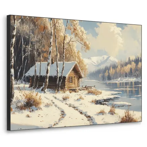 Winter - Sneeuw - Huis - Natuur Textielframe zwart klein -3d