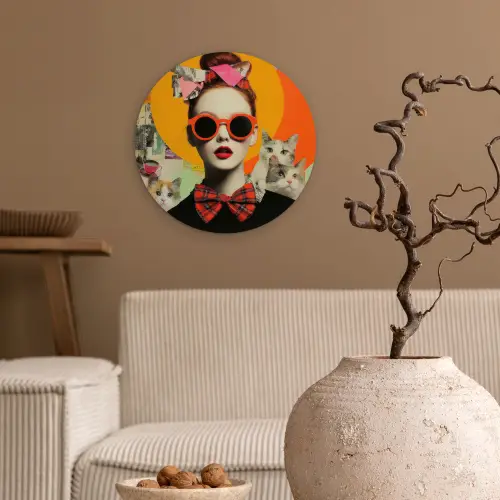 Vrouw - Bril - Strik - Retro Wandcirkel kunststof plaat 5mm dik klein -sfeer1