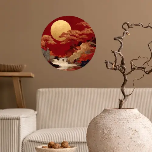 Volle maan - Landschap - Waterval Wandcirkel behangsticker klein -sfeer1