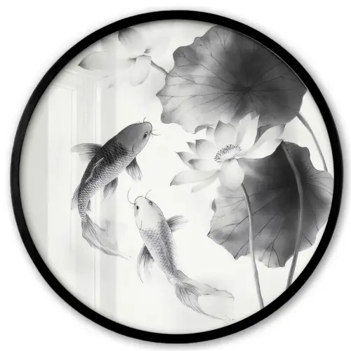 Lotusbloemen - Vissen - Bladeren - Zwart Fotolijst rond zonder passe partout klein -3d