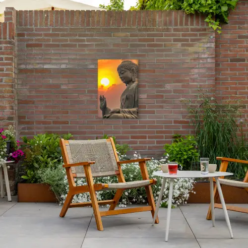 Boeddha bij zonsondergang Tuinposter op houten frame 2 cm dik klein -sfeer3