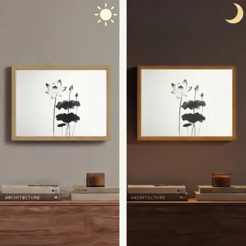 Bladeren - Zwart - Lotusbloem - Minimalitisch Light Box met batterij (Wandlamp) middel -sfeer3