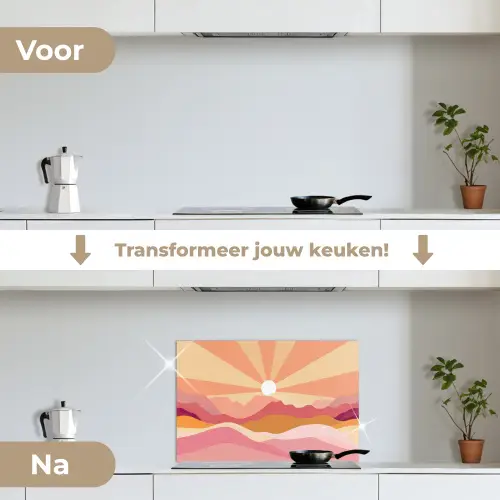 Bergen - Abstract - Zonnestralen - Roze keuken achterwand spatscherm klein -voor_na_NL