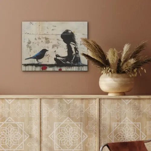 Street art - Meisje - Vogel - Graffiti - Banksy PET vilt klein -sfeer4