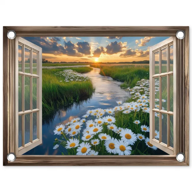 Doorkijk - Landschap - Raam - Water - Zonsondergang tuinposter los doek klein -3d