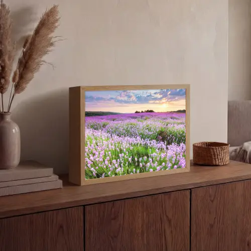 Lavendel - Bloemen - Zonsondergang - Paars - Weide Light Box met batterij (Wandlamp) middel -sfeer2