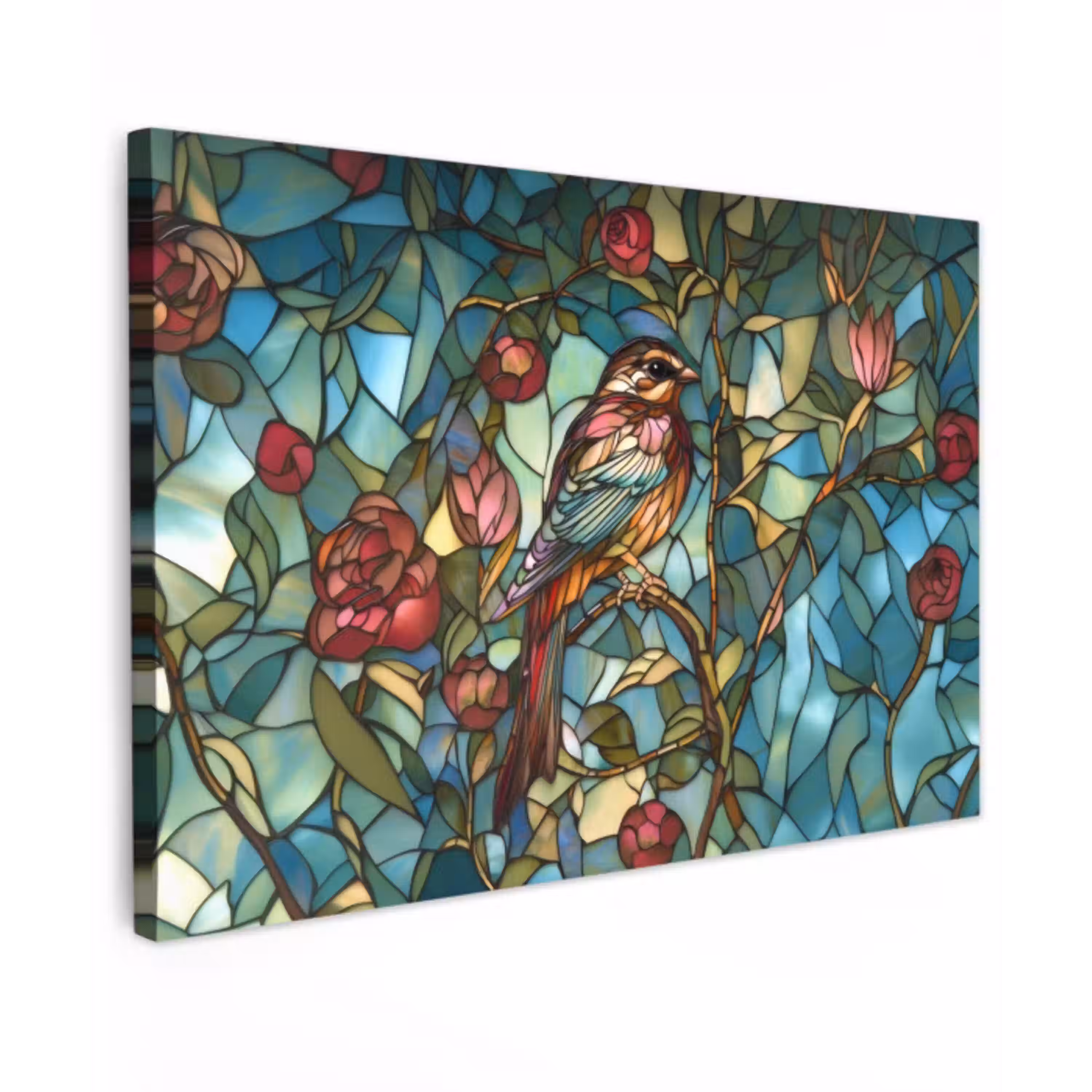 Vogel - Tak - Rozen - Mozaïek Tuinposter op houten frame 2 cm dik klein -3d