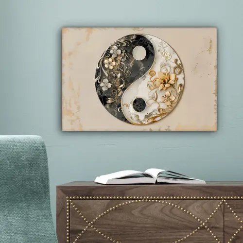 Yin Yang - Bloemen - Zwart - Wit - Vintage canvas 2cm klein -sfeer4