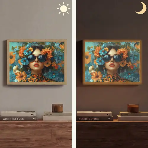 Vrouw - Bloemen - Oranje - Blauw - Modern Light Box met batterij (Wandlamp) middel -sfeer3