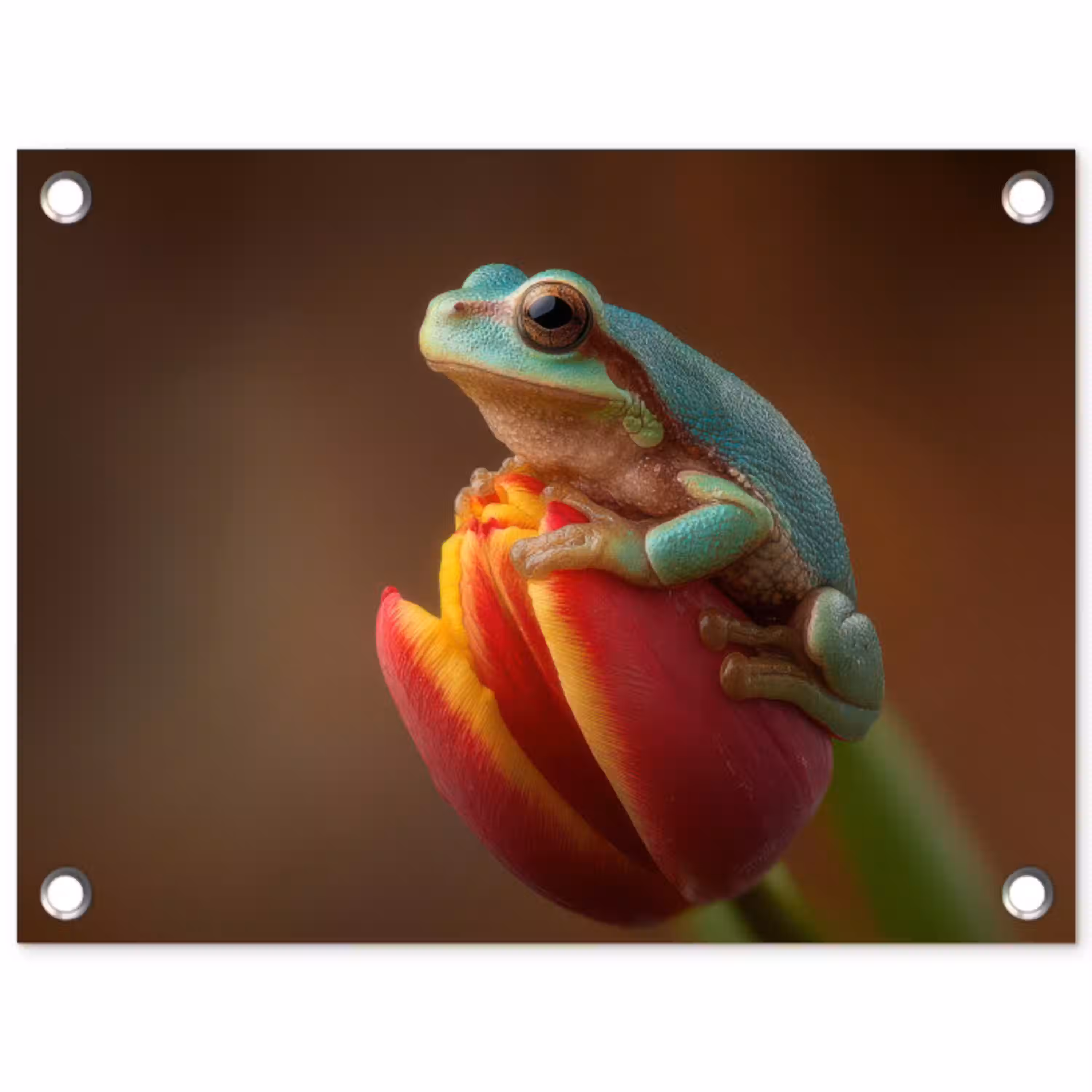 Close-up - Kikker - Tulp - Rood tuinposter los doek klein -3d