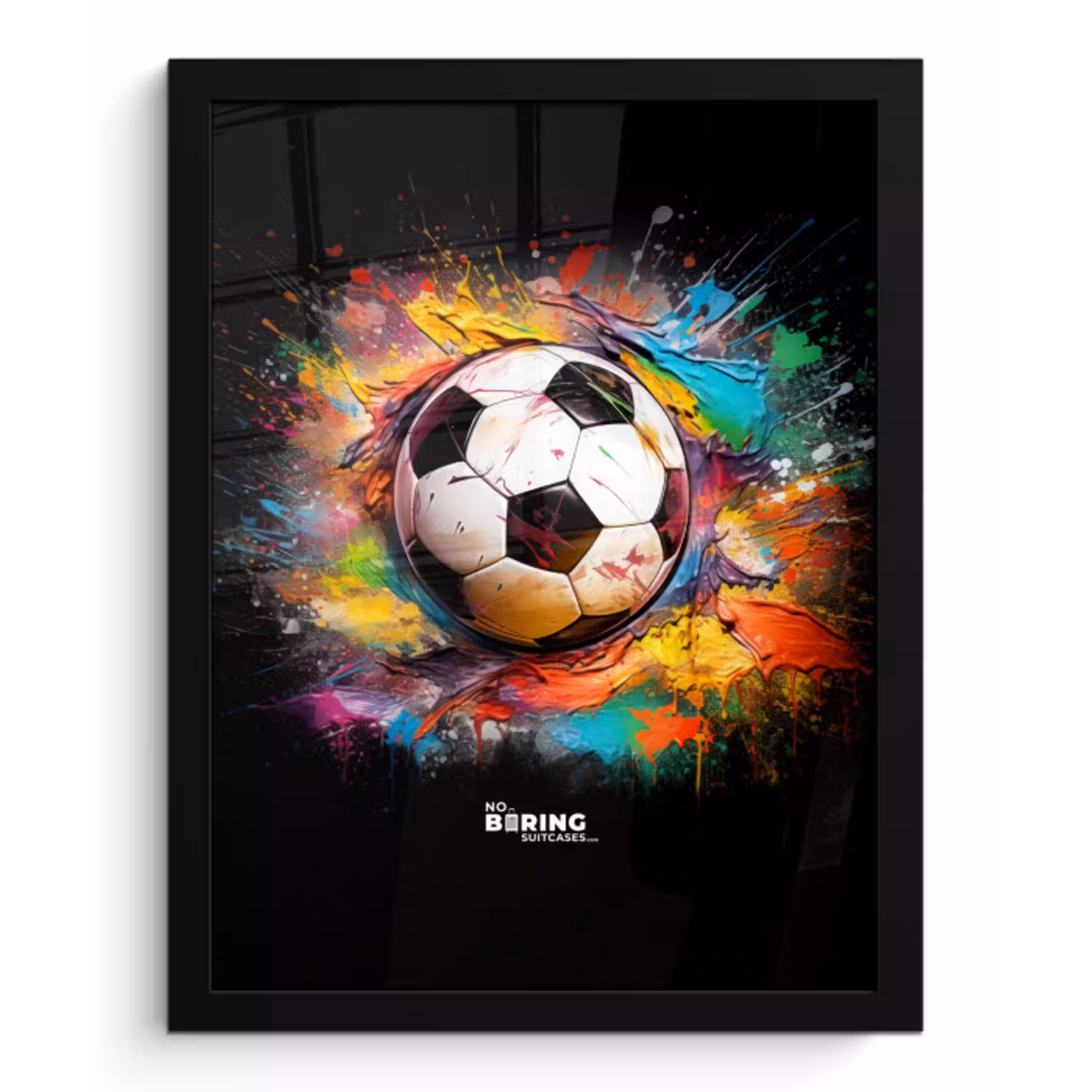 Voetbal omringd door verfklodders fotolijst zwart zonder passe partout klein -3d