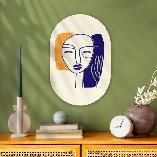 Minimalistisch - Gezicht - Hand - Oranje - Blauw Wandcirkel Ovaal Forex klein -sfeer2