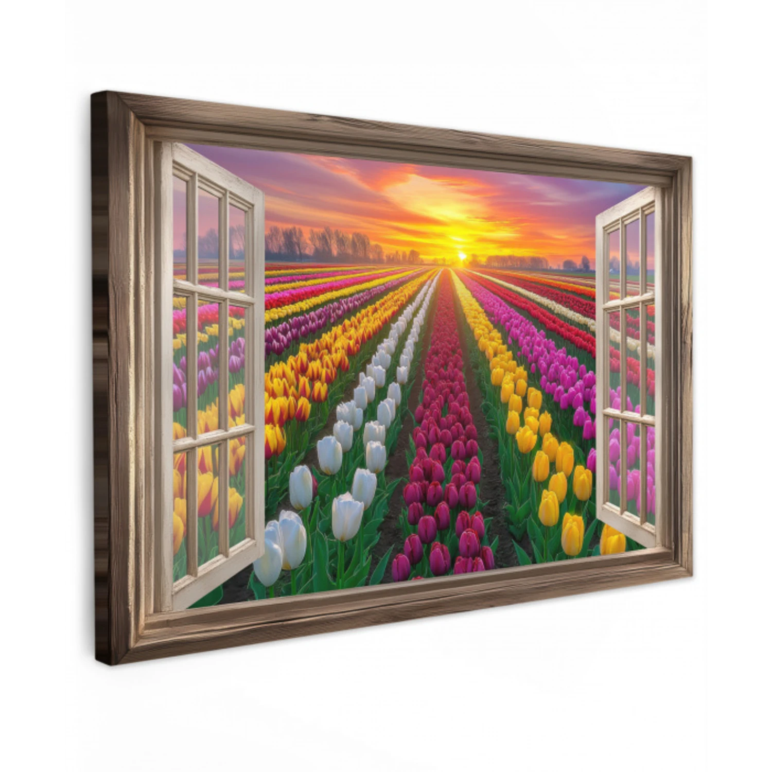 Doorkijk - Bloemen - Tulpen - Kleurrijk - Zonsondergang Tuinposter op houten frame 2 cm dik klein -3d